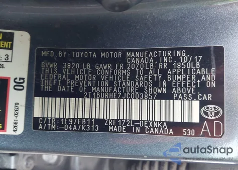 2018 Toyota Corolla Le from USA, damaged, VIN 2T1BURHE7JC003857